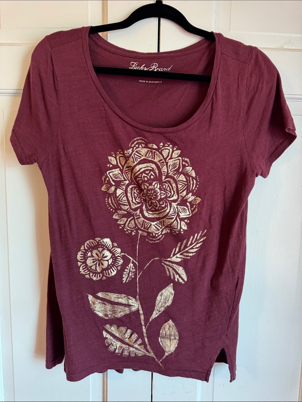 Lucky Brand Maroon Short Sleeve Tee with Metallic Gold Floral Print